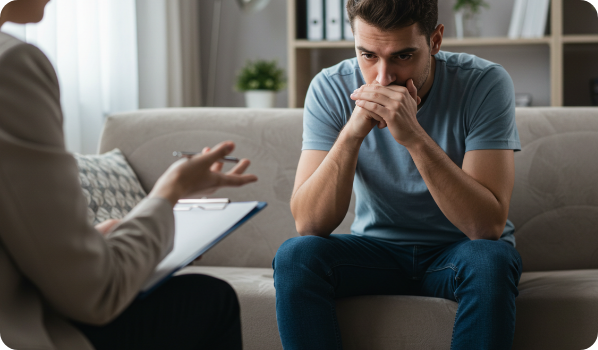 Man talking to his therapist about his co-occurring disorders