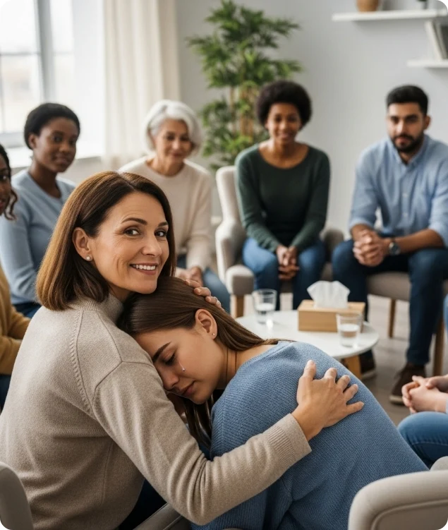 Woman in group therapy receiving aftercare for her mental health