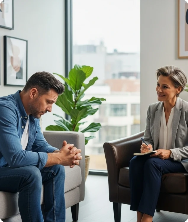 Man talking to his therapist about his co-occurring disorders